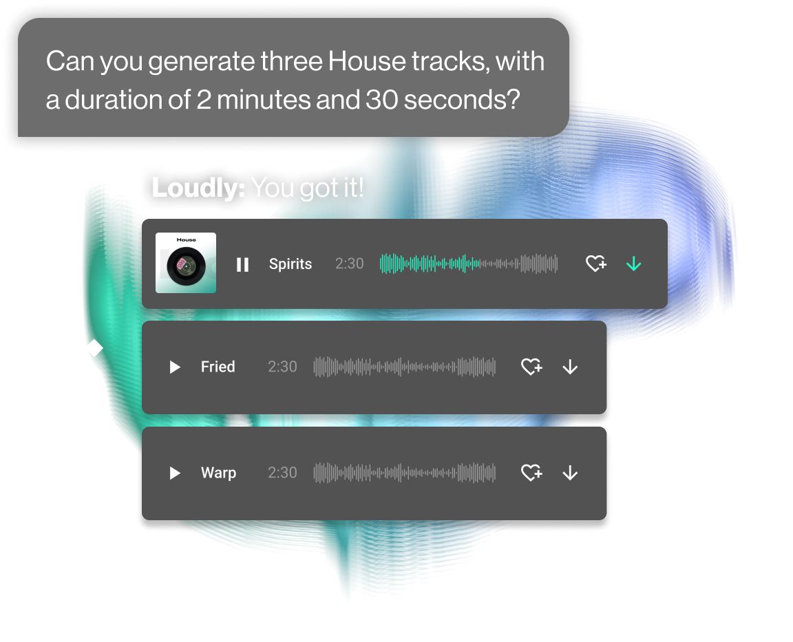 Loudly's AI music generator showing a request for a song following certain perimeters, with three pieces of AI-generated music as a result.