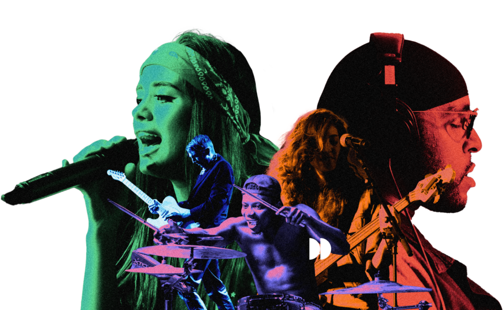 A collage featuring five musicians playing various instruments.